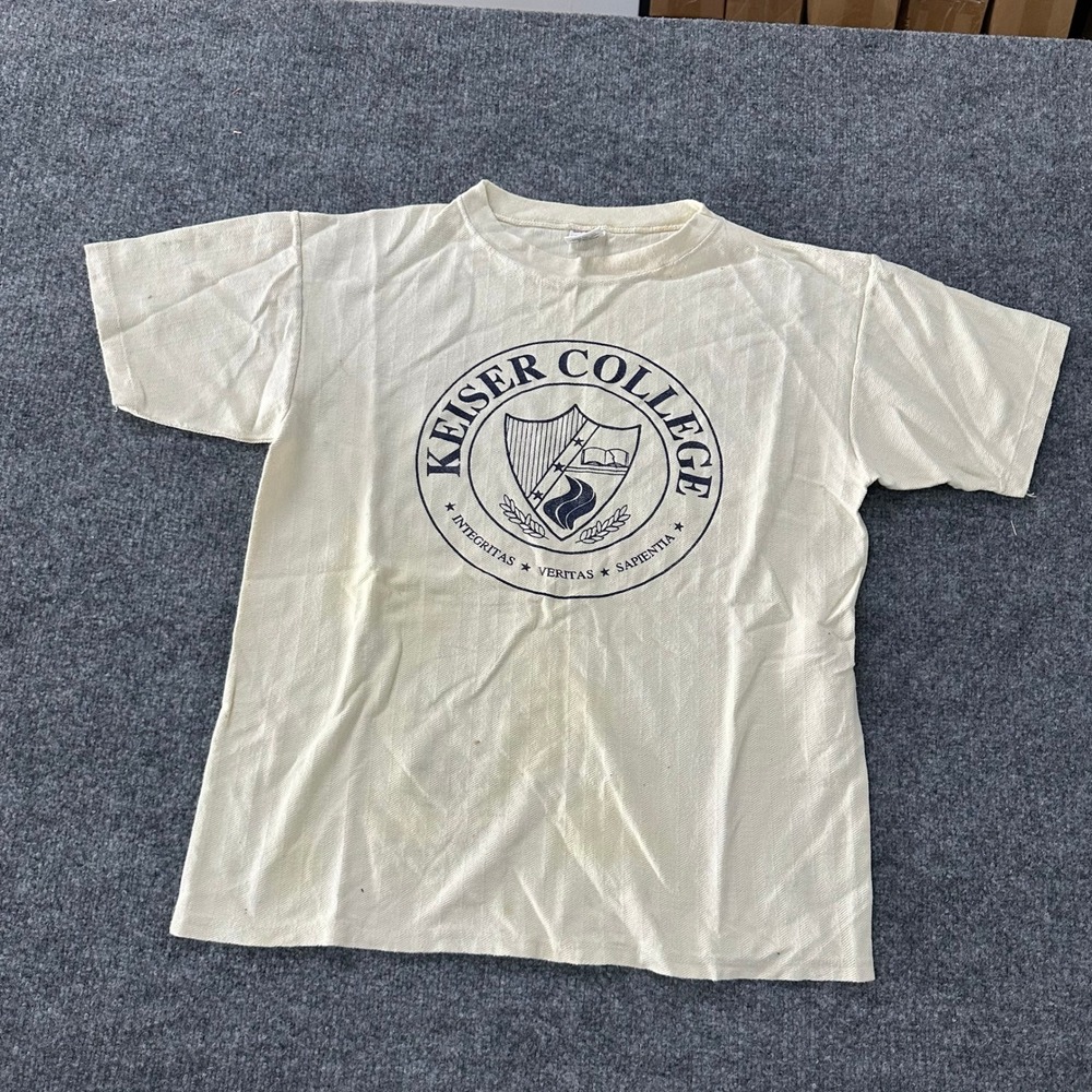 College House T-Shirt Mens Size L Cream Herringbone Cotton Keiser College USA